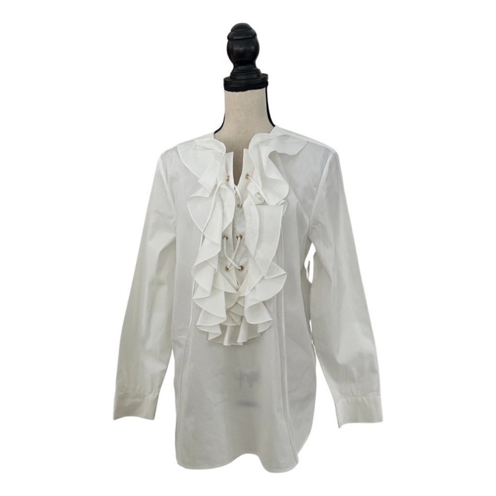 Uterque white ruffle front cotton blouse size L